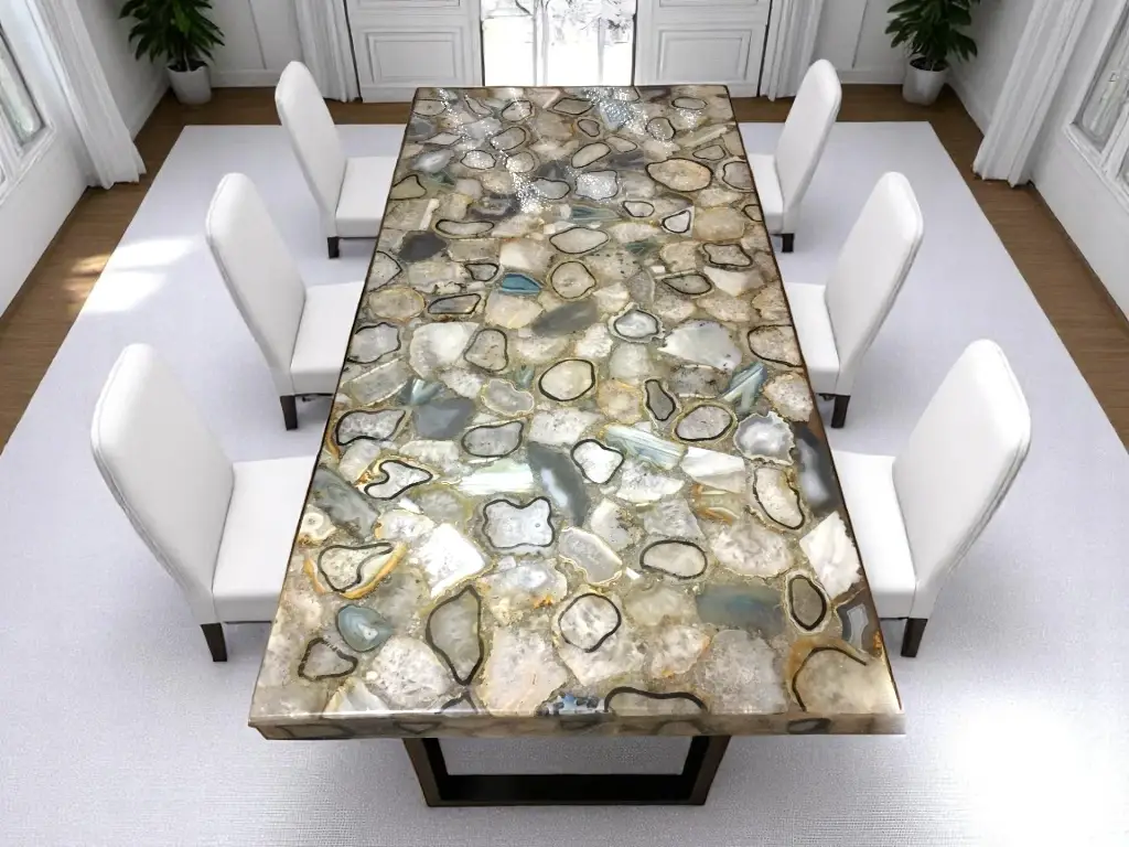 Rectangular Dining Table Top Featuring Agate Gemstone